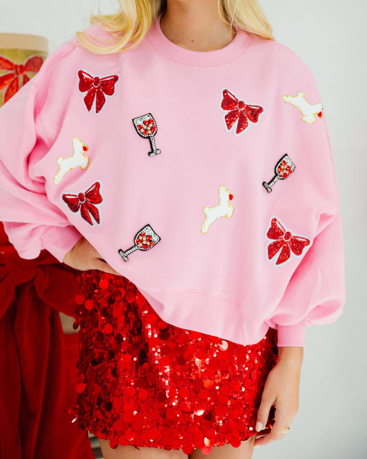 Christmas Bow Wine Glass Sequin Loose Long Sleeve Sweatshirt