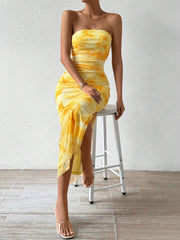 Mesh Print Dress Slit Tulle Hip Skirt
