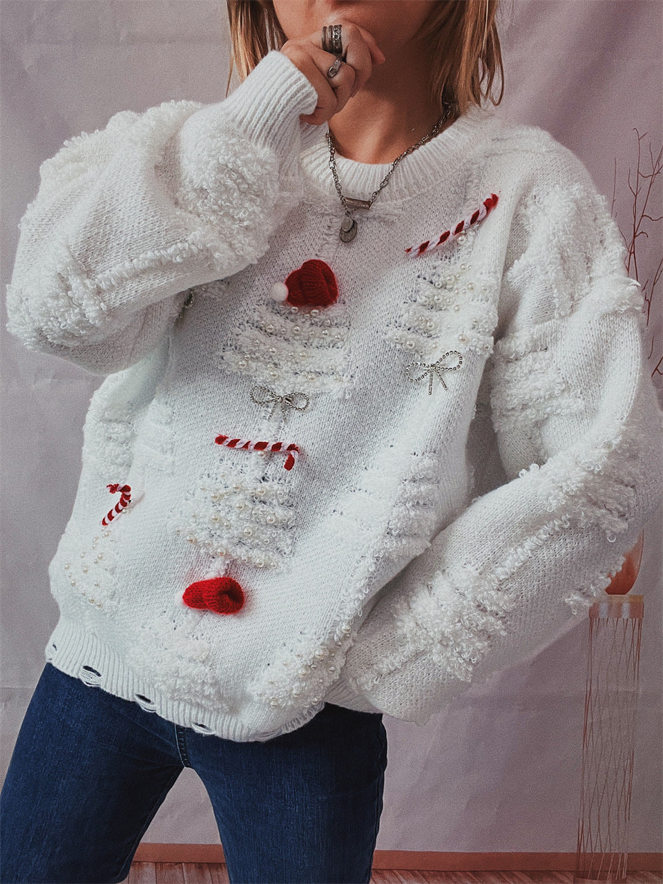 Weihnachtlicher, lässiger Langarm-Strickpullover mit Rundhalsausschnitt