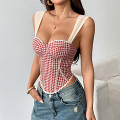 Plaid Patchwork Strapless Tie Up Drop Shoulder Corset - Red