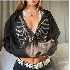 Rhinestone Skull Zip-Up Hoodie