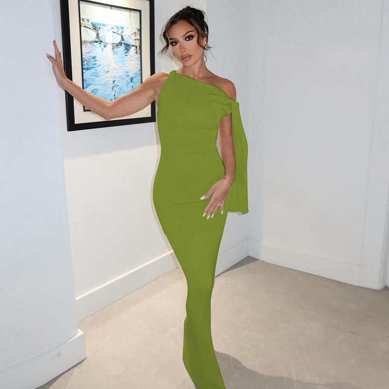 One Shoulder Ribbon Solid Color Dress