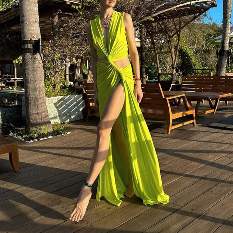 Hollow Knot Slit Sleeveless Pleated Irregular Midi Dress