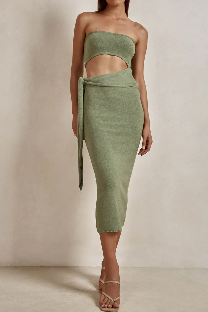 Hollow Backless Strapless Knitted Midi Dress