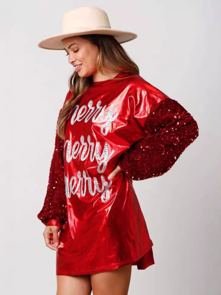 Merry Christmas Sequin Foil Mini Dress