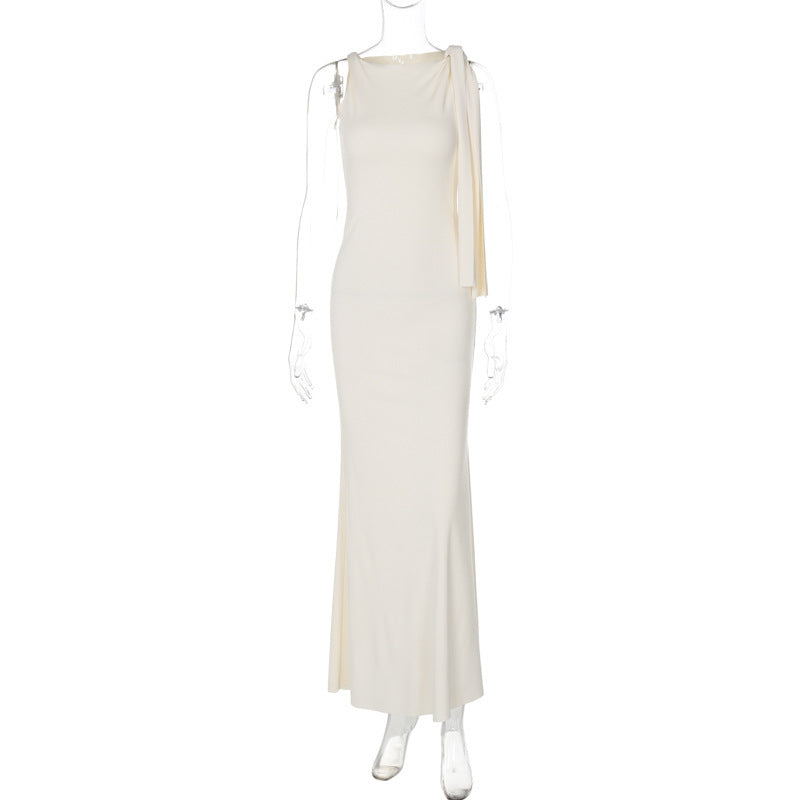 One Shoulder Ribbon Solid Color Dress