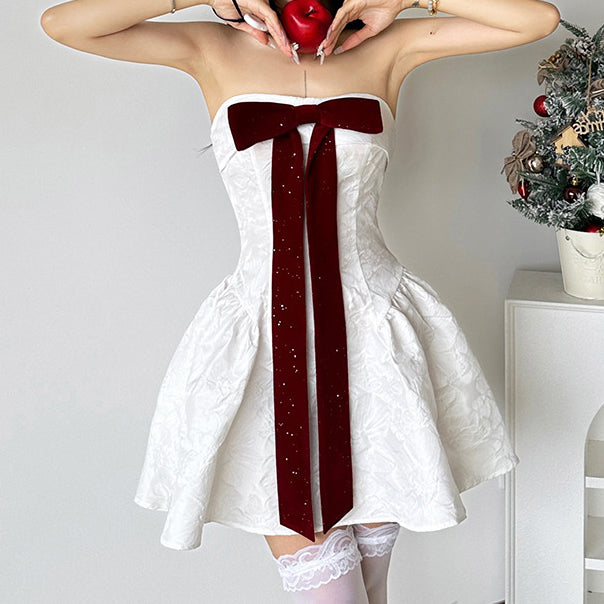 Christmas Off-Shoulder Bow Ribbon Dress