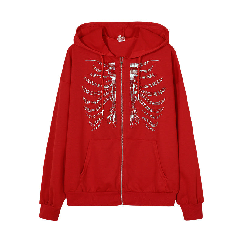 Rhinestone Skull Zip-Up Hoodie