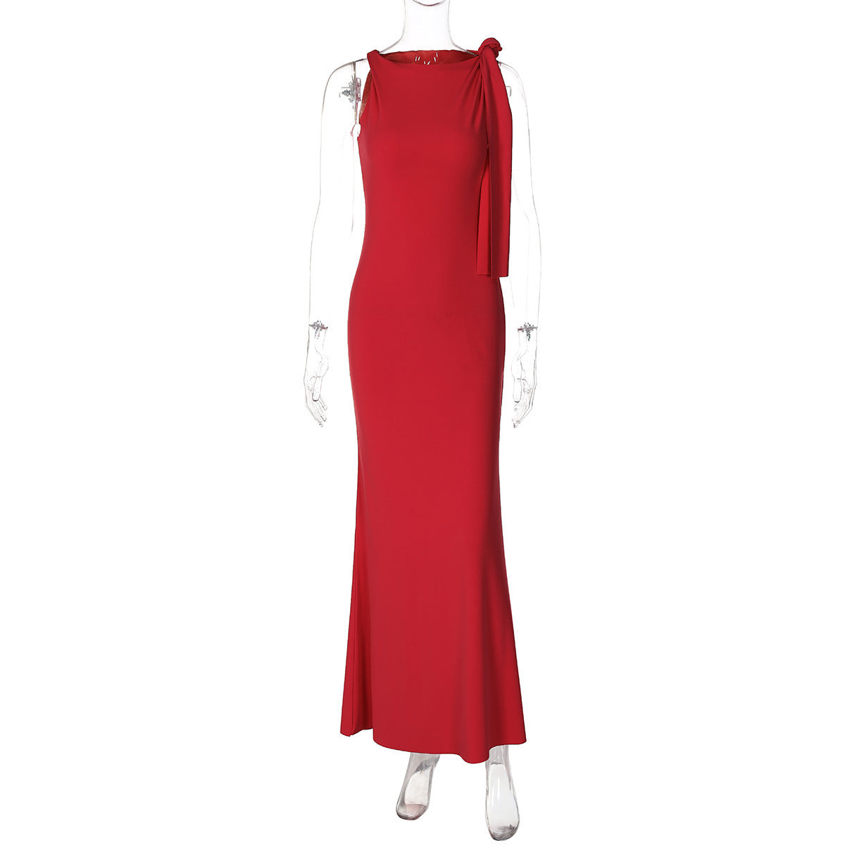 One Shoulder Ribbon Solid Color Dress