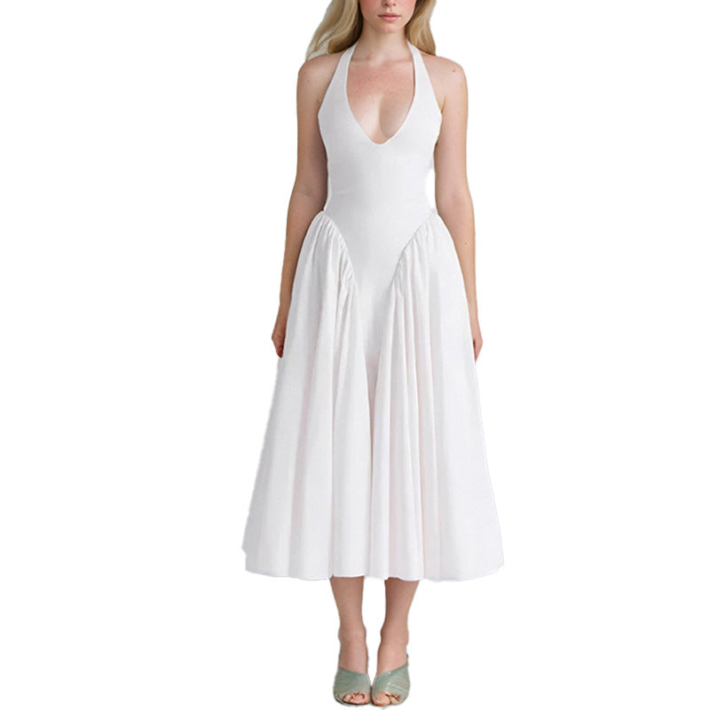 Solid-Color Halter Deep V Pleated Evening Dress