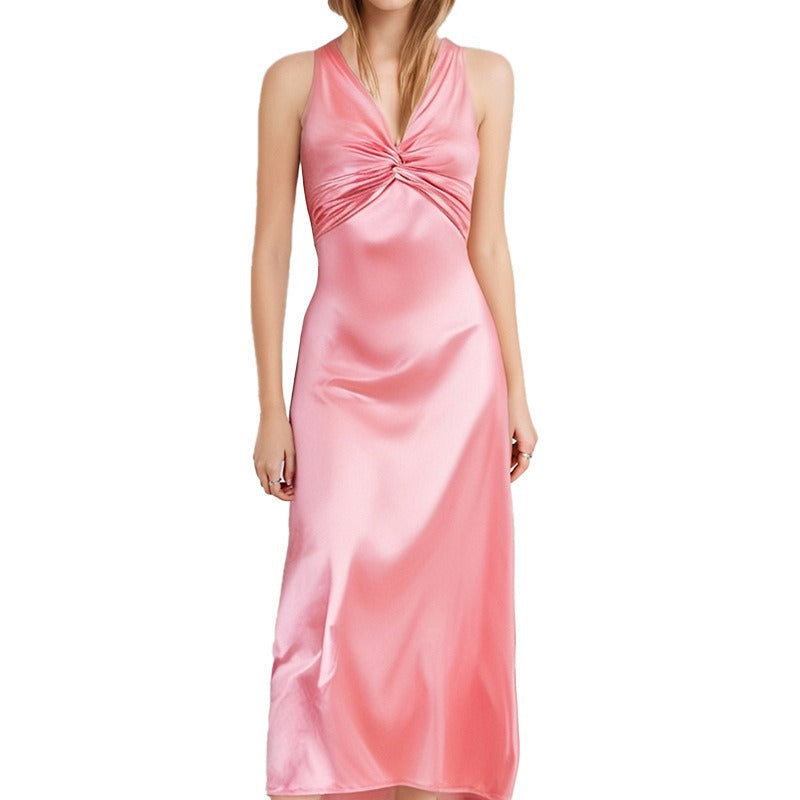 V-Neck Strappy Backless Satin Dress