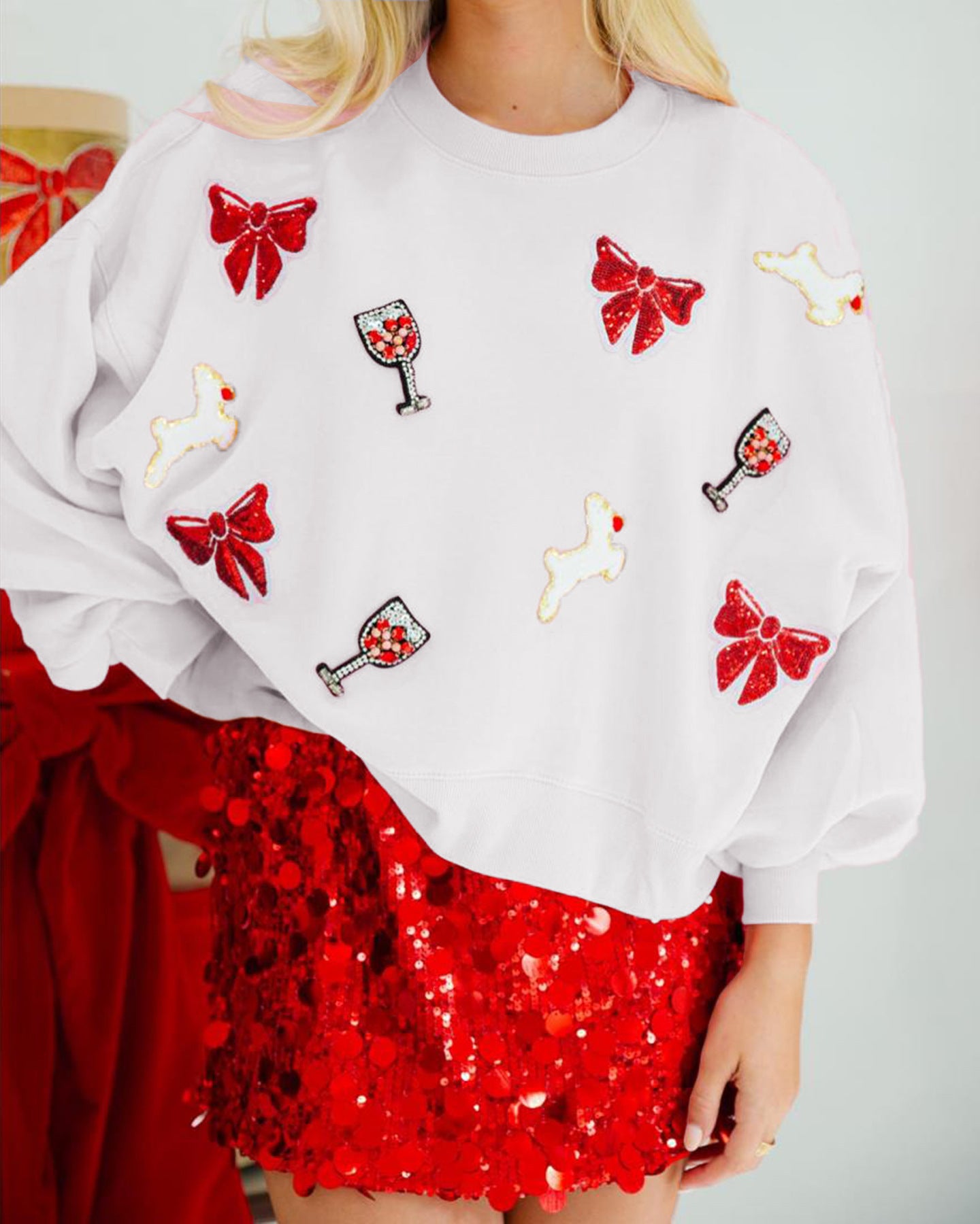 Christmas Bow Wine Glass Sequin Loose Long Sleeve Sweatshirt