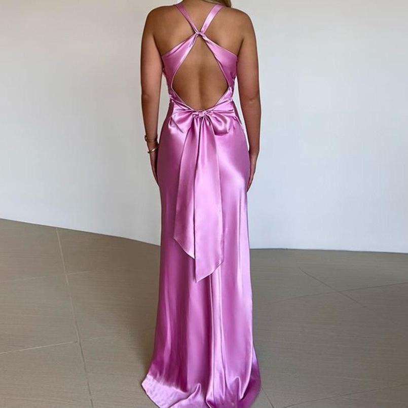 V-Neck Strappy Backless Satin Dress