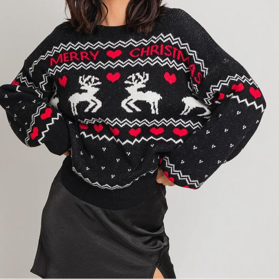 Weihnachtlicher festlicher Elchpullover mit Rundhalsausschnitt