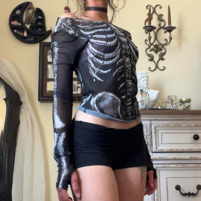 Halloween Bone Print Off Shoulder Perspective Tops