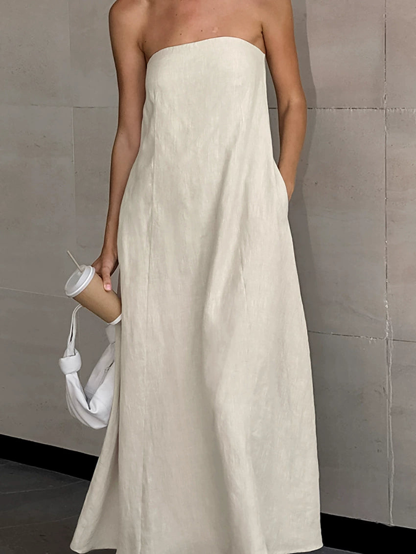 with Pocket Summer Strapless High Waist Casual Solid Dresses