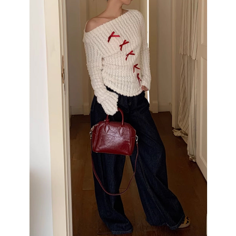 Christmas Red bow off-shoulder long-sleeved knitwear