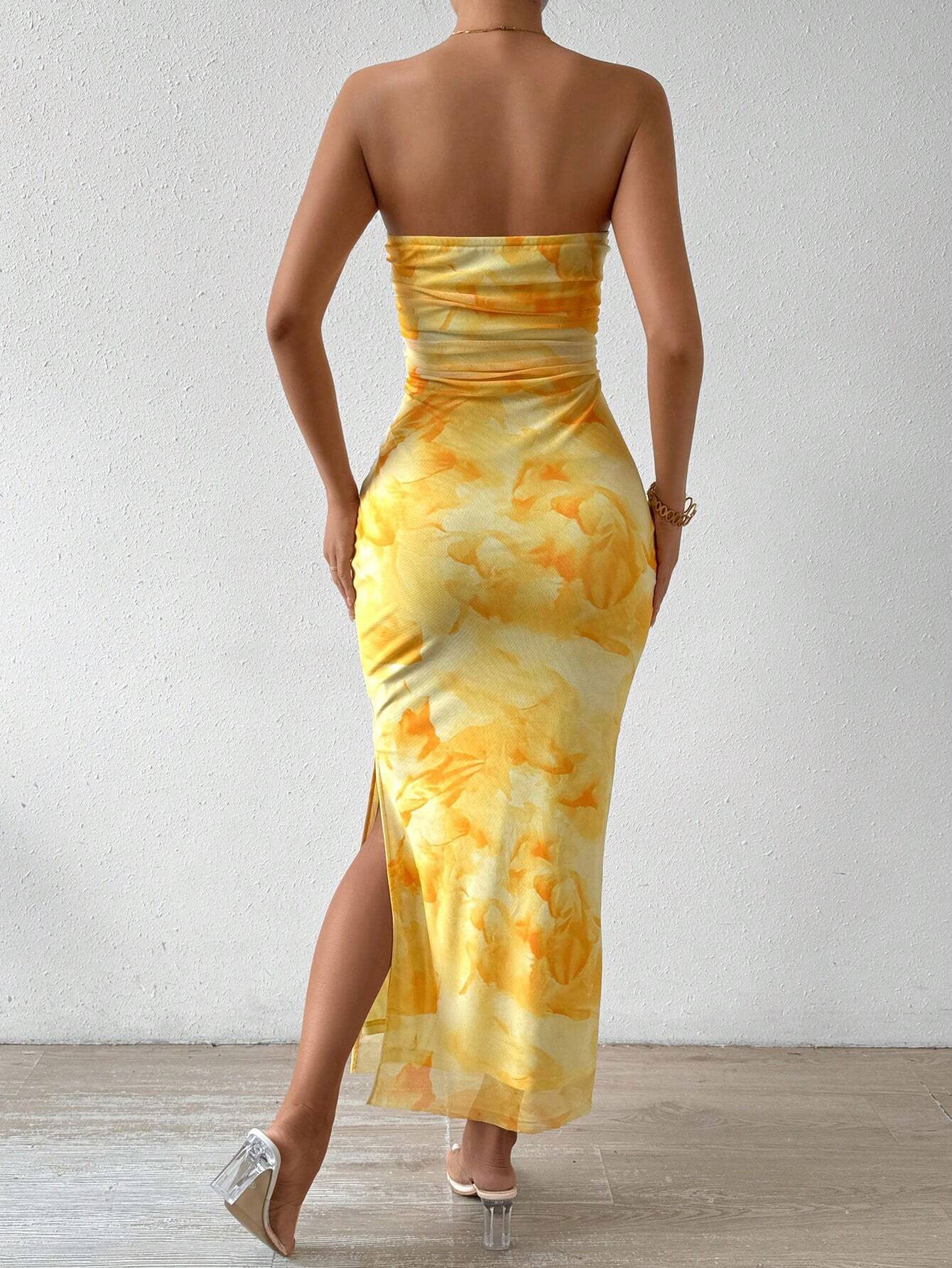 Mesh Print Dress Slit Tulle Hip Skirt