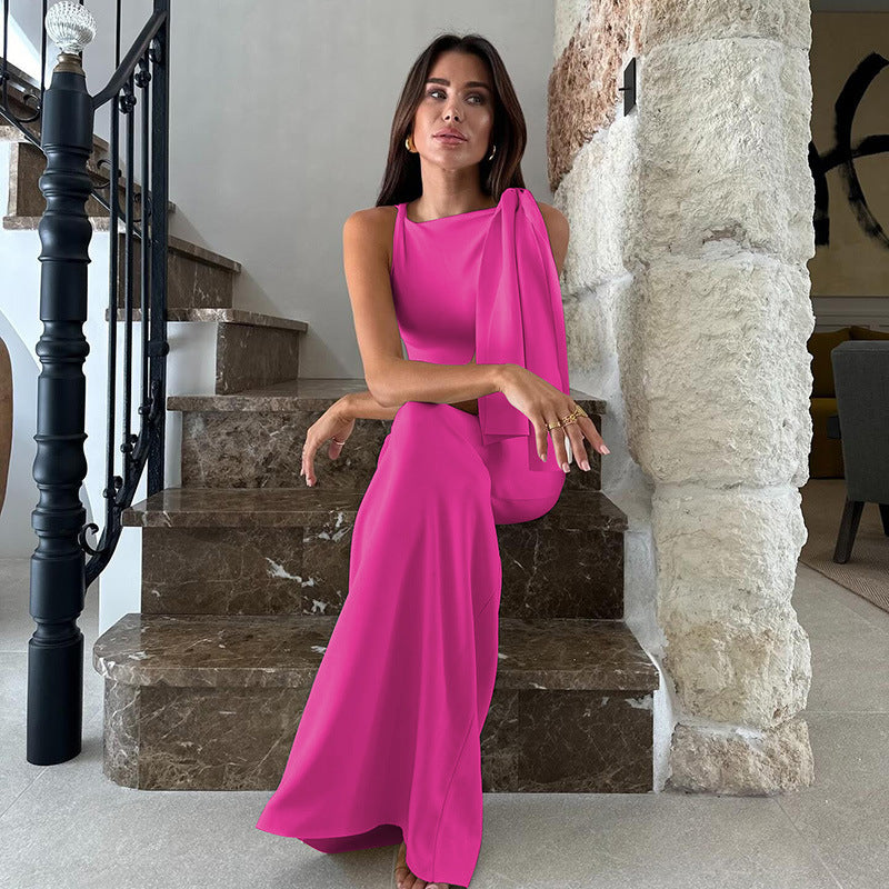 One Shoulder Ribbon Solid Color Dress
