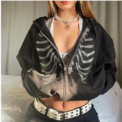 Rhinestone Skull Zip-Up Hoodie