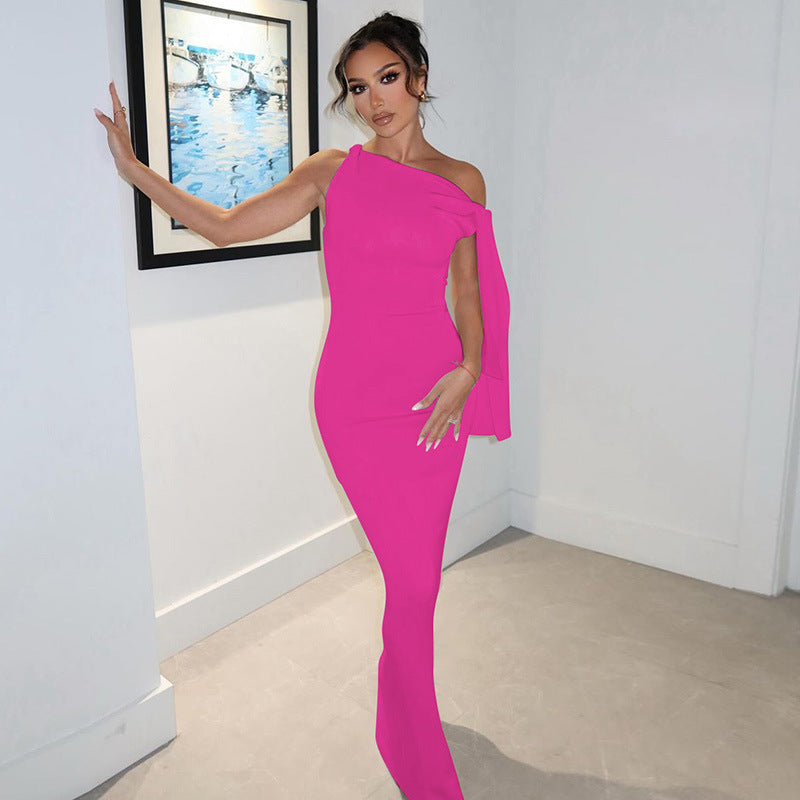 One Shoulder Ribbon Solid Color Dress
