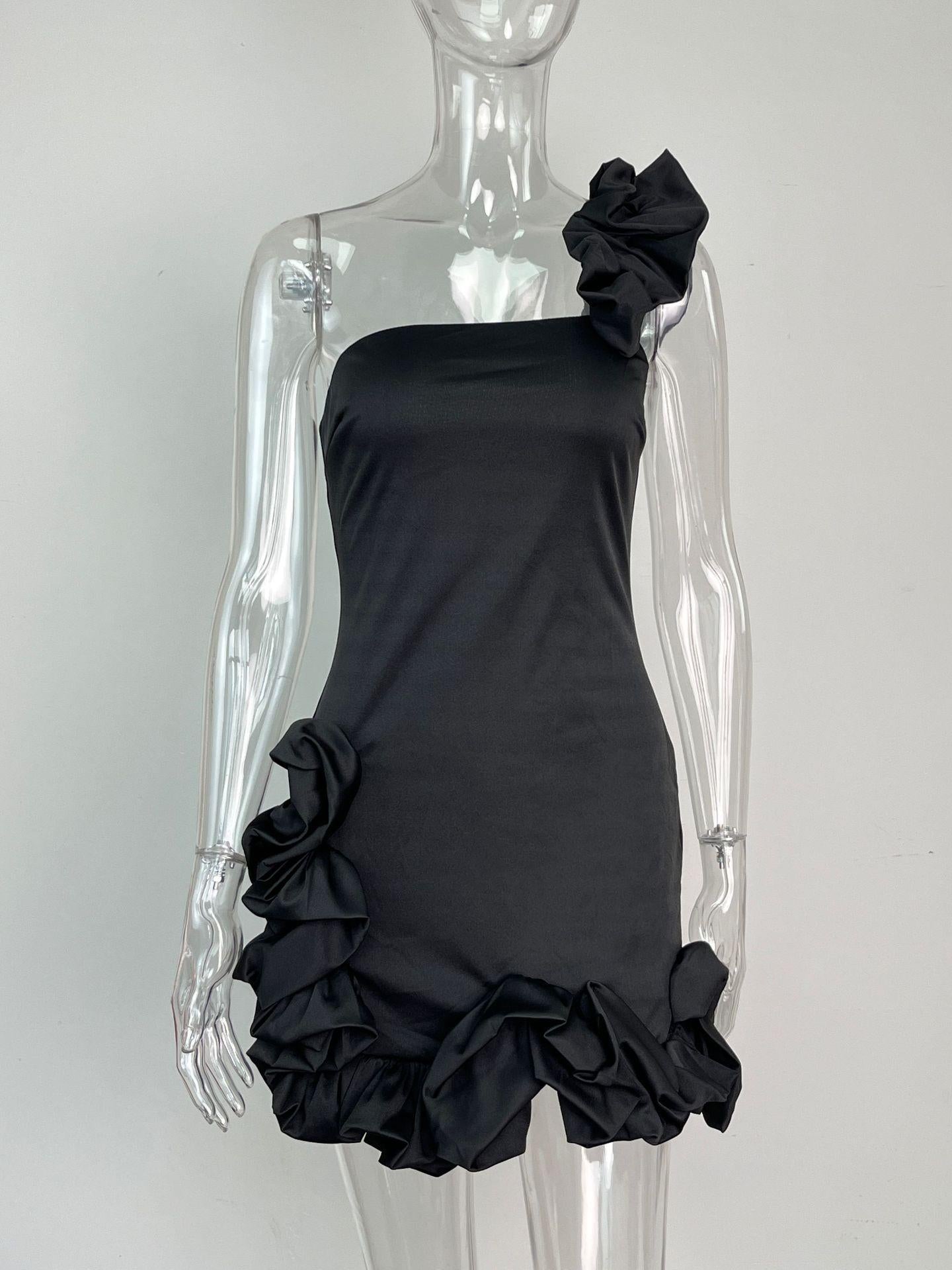 One Shoulder Ruffles Bud Dress - Black