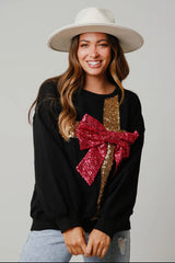 Bowknot Round Neck Long Sleeve Sequined Christmas Sweatshirt