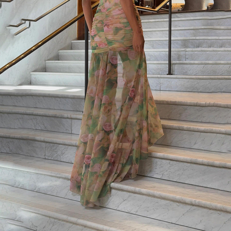 Summer Suspender Print High Waist Slim Slit Mi diDress