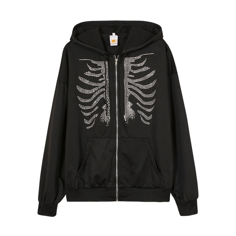 Rhinestone Skull Zip-Up Hoodie