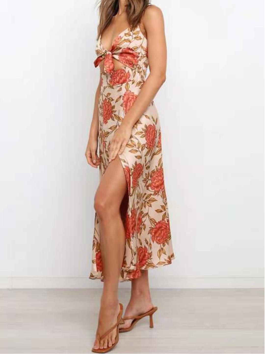Beach Halter Dress With Printed Bow