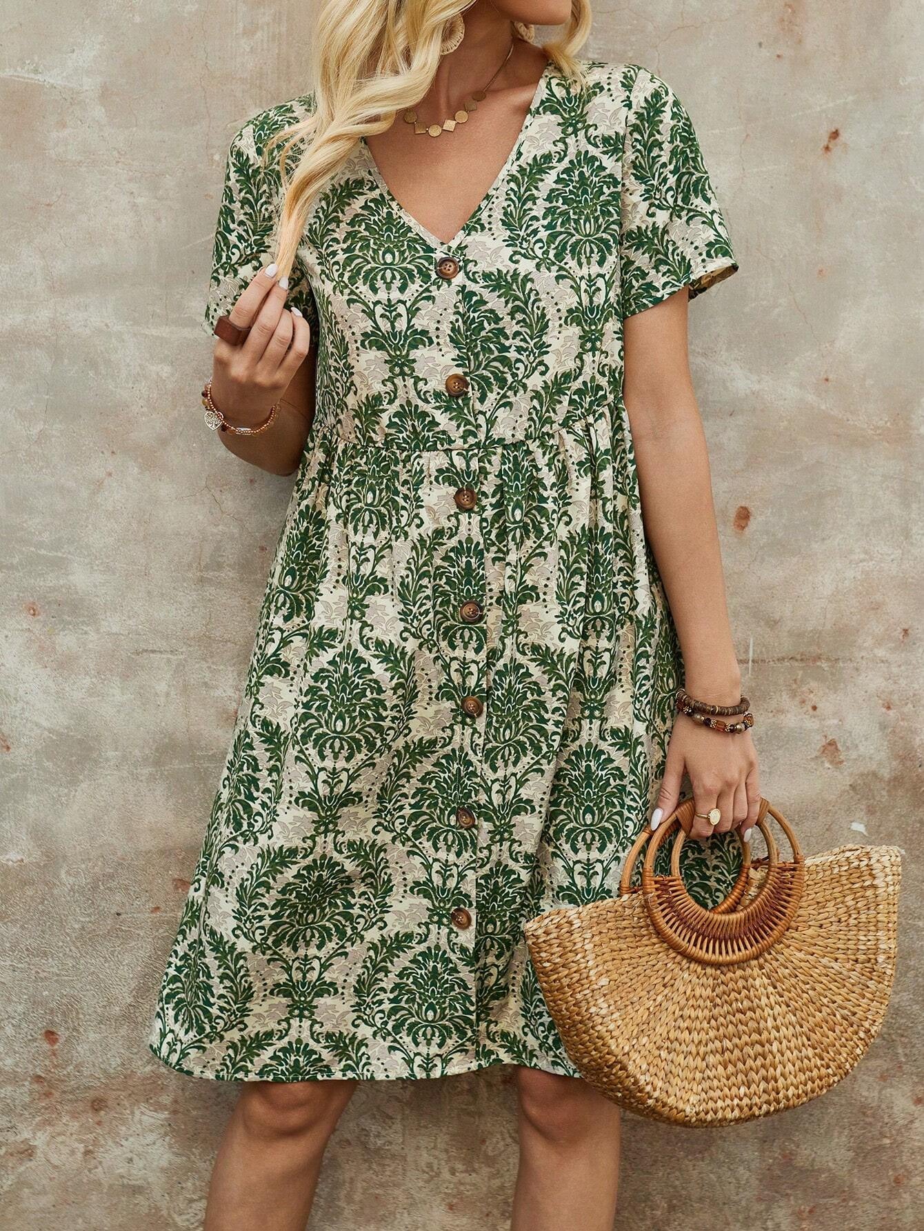 Printed V-neck Short-Sleeved Loose Midi Dress