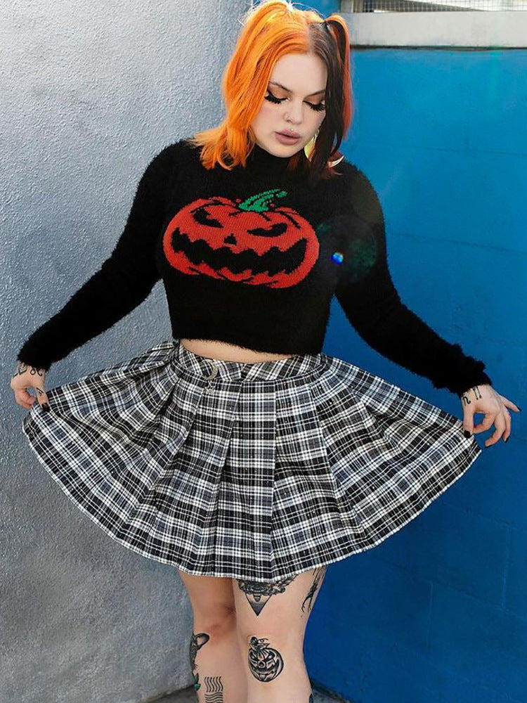 HalloweenHalloween Kurzer Plüschpullover mit Kürbismuster Kurzer Plüschpullover mit Kürbismuster