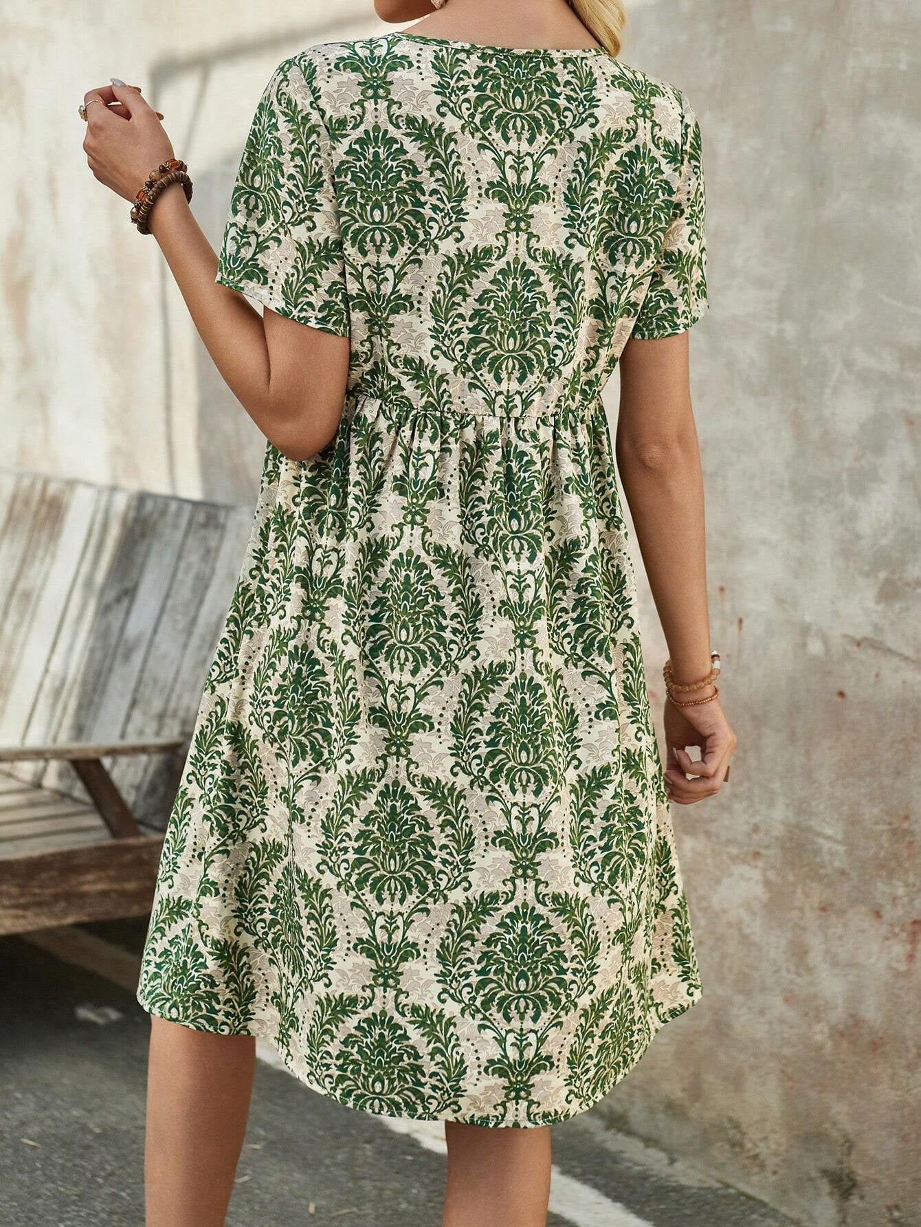 Printed V-neck Short-Sleeved Loose Midi Dress
