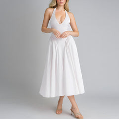 Solid-Color Halter Deep V Pleated Evening Dress