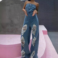 Ripped Strapless Denim Jumpsuit