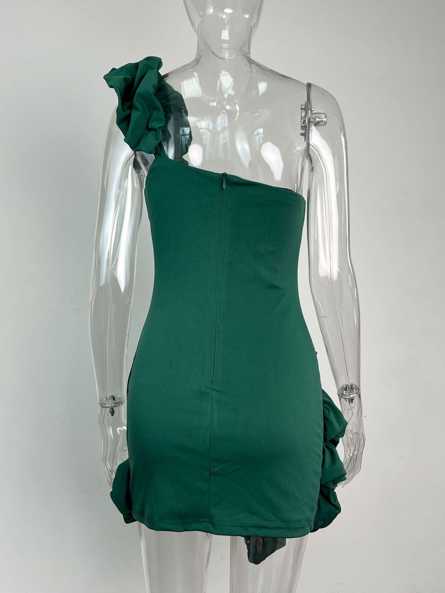 One Shoulder Ruffles Bud Dress - Green