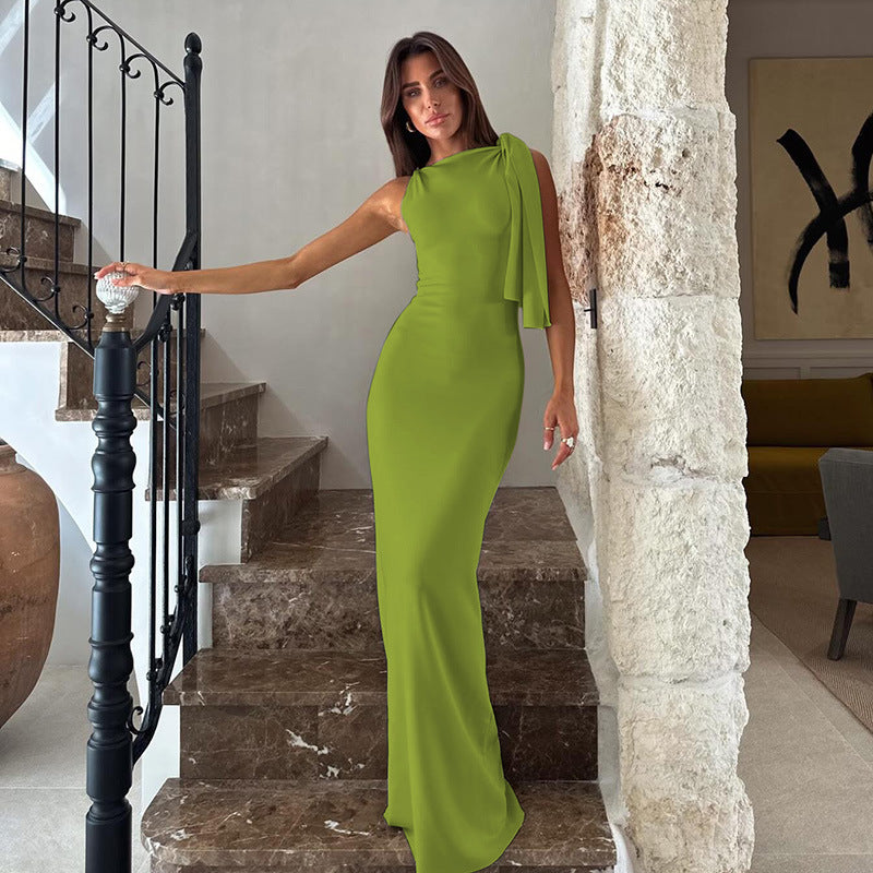 One Shoulder Ribbon Solid Color Dress