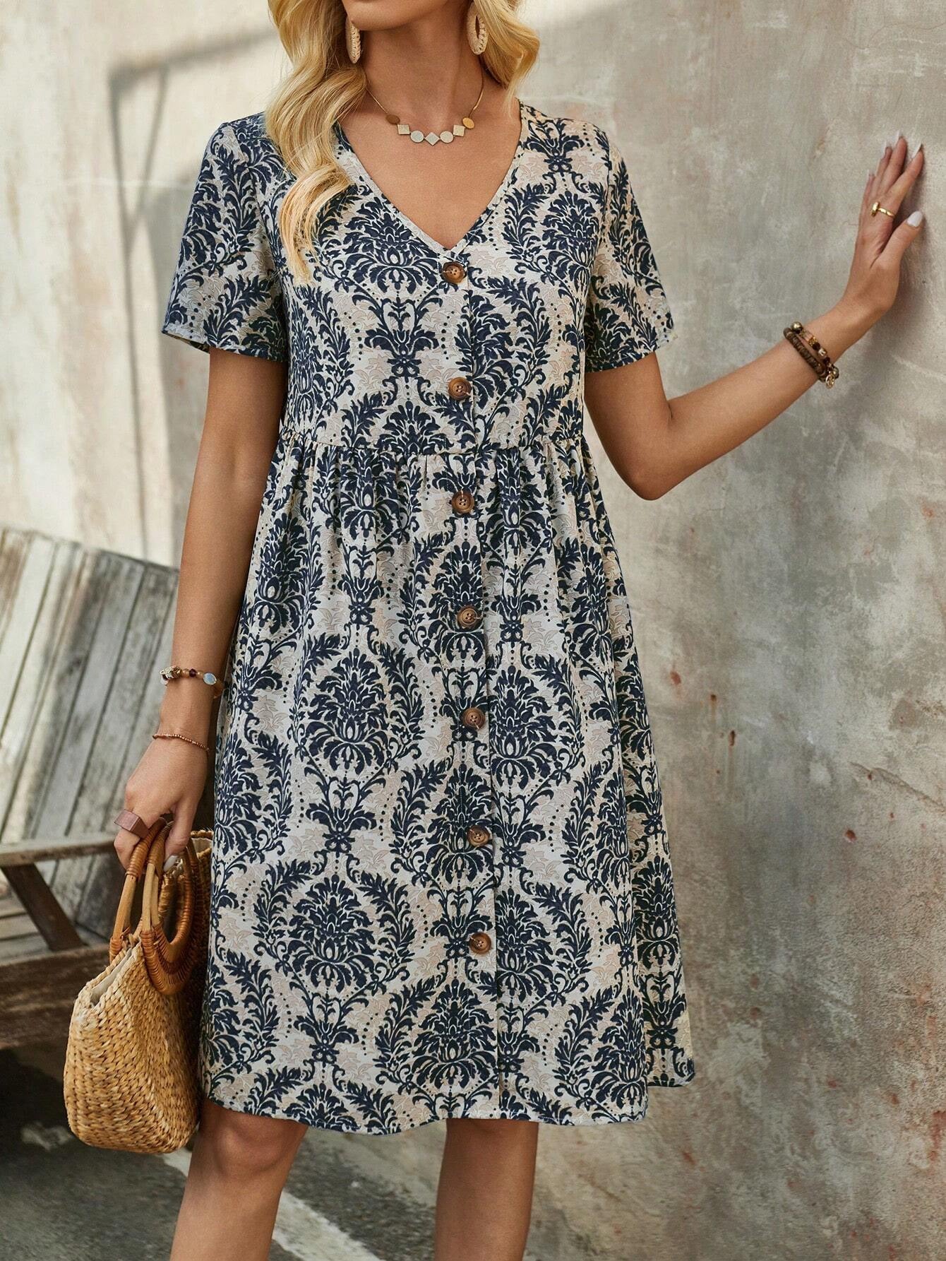 Printed V-neck Short-Sleeved Loose Midi Dress