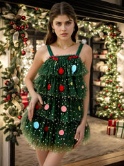 Ärmelloses mehrlagiges Tüllkleid mit Weihnachtsbaum