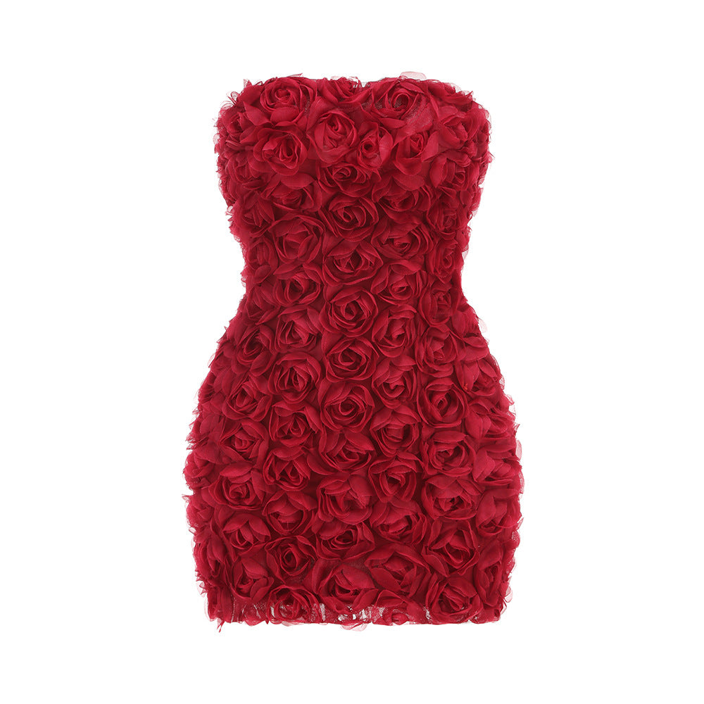 Christmas Strapless 3D Rose Flower Mini Dress