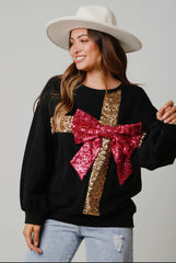 Bowknot Round Neck Long Sleeve Sequined Christmas Sweatshirt