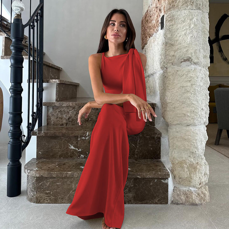 One Shoulder Ribbon Solid Color Dress