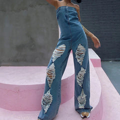 Ripped Strapless Denim Jumpsuit