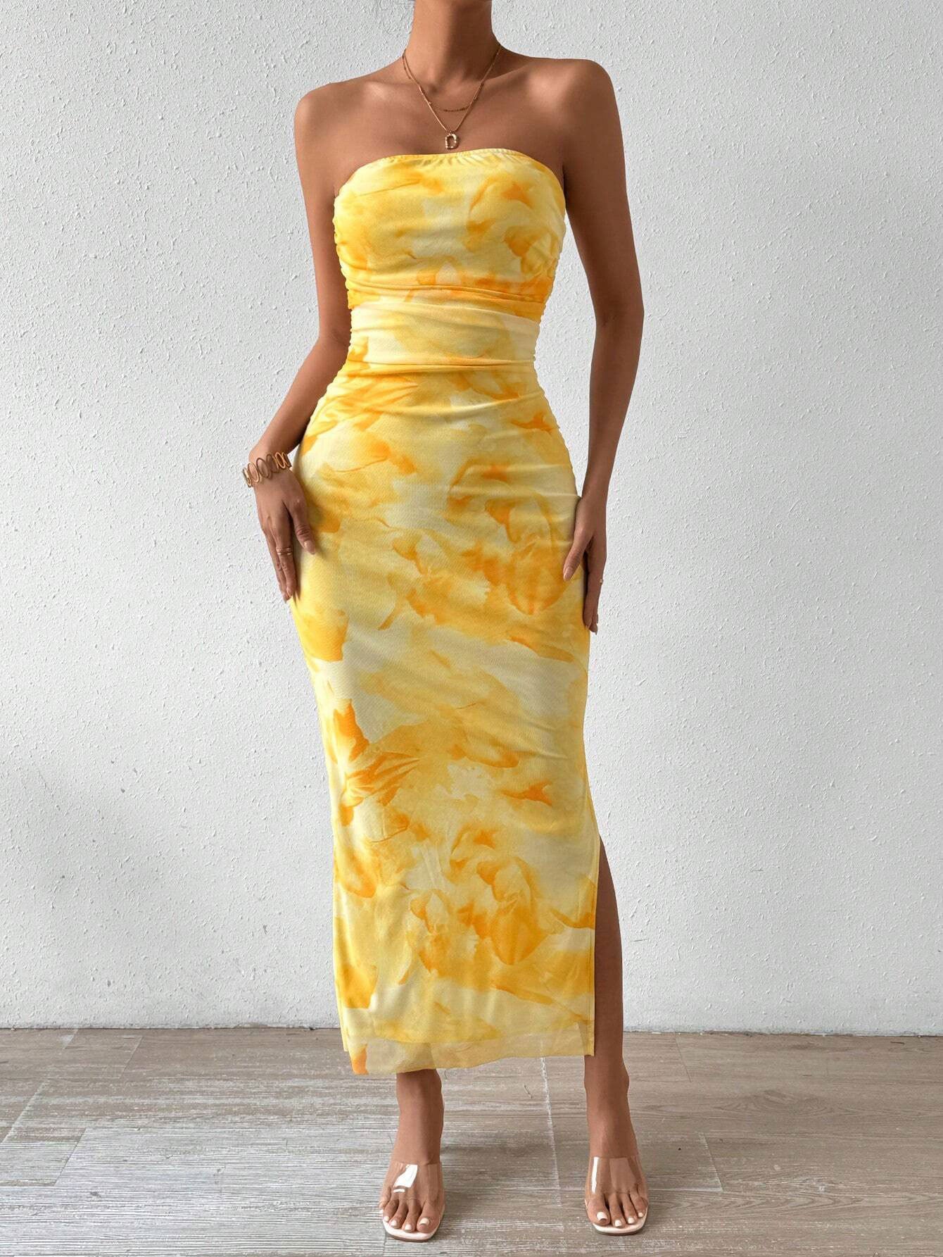 Mesh Print Dress Slit Tulle Hip Skirt