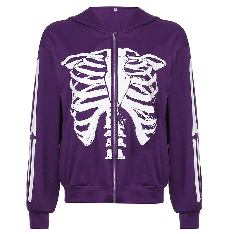 Skeleton Print Zip-Up Jacket