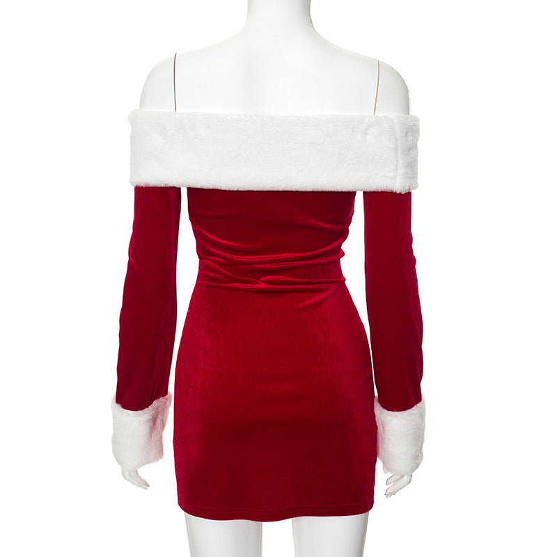 Weihnachts-Minikleid mit schulterfreiem Schnitt und langen Ärmeln