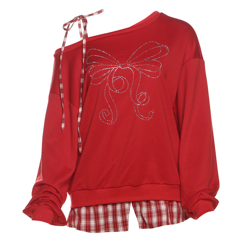 Christmas Bow Rhinestones Plaid Tie-wrap Sweatshirts