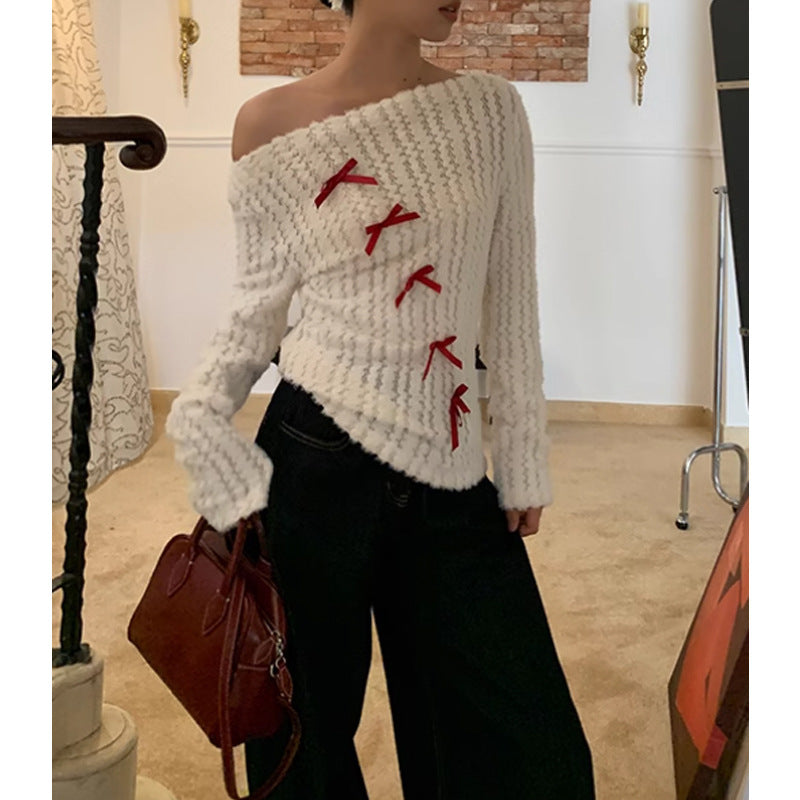 Christmas Red bow off-shoulder long-sleeved knitwear