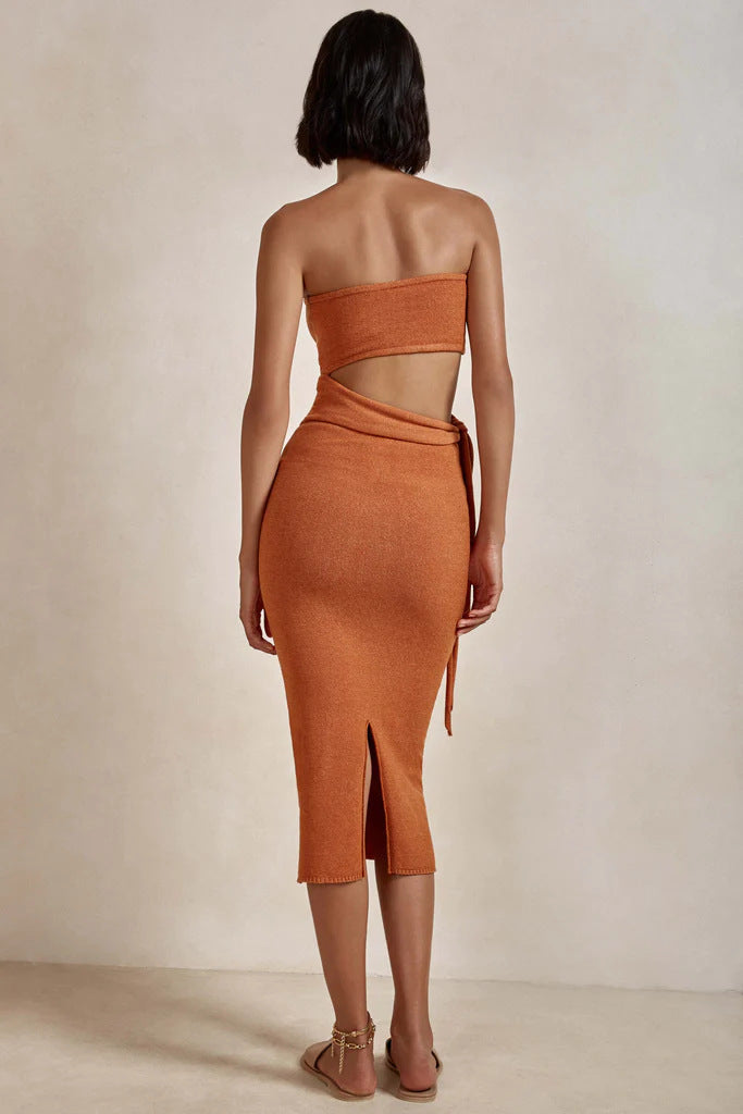 Hollow Backless Strapless Knitted Midi Dress