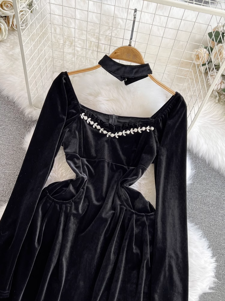 Black velvet square neck A-line dress